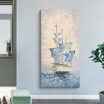 Landscapes Painting - Blue Sailing ship by Palette Knife